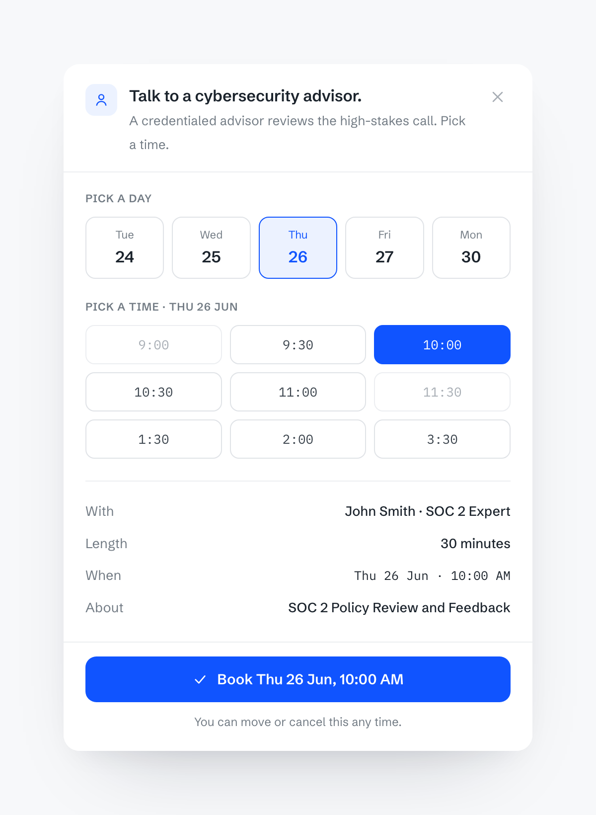 Scheduling a 30-minute call with a credentialed cybersecurity advisor in Scout: a day and time picker with a booking summary