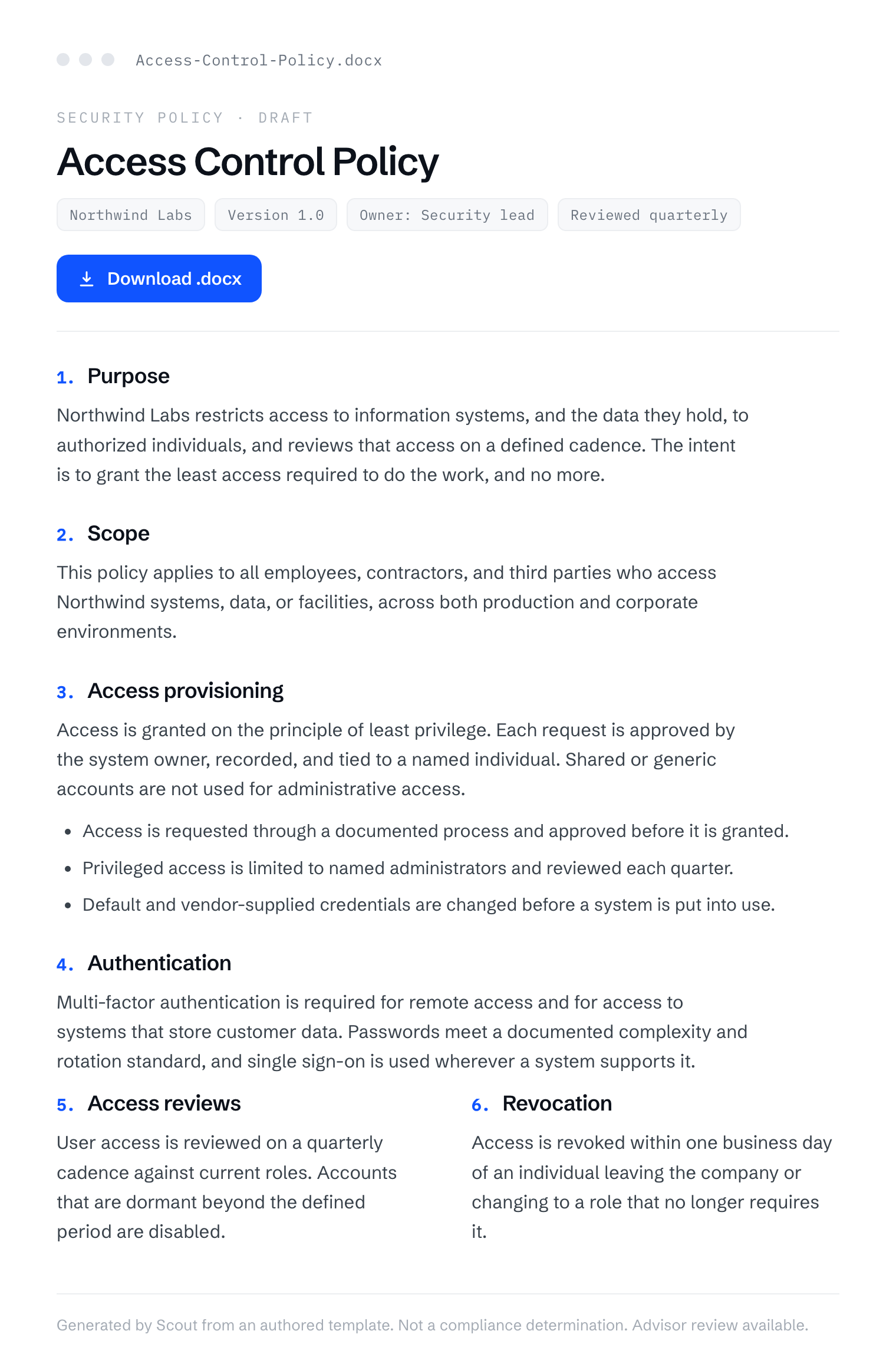 A generated Access Control Policy for Northwind Labs in Scout: purpose, scope, access provisioning, authentication, reviews, and revocation, ready to download as a .docx